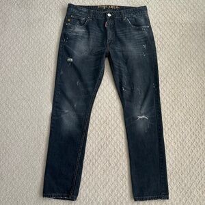 DSQUARED Men’s Slim Jeans in Dark Wash Blue with Distressed Details